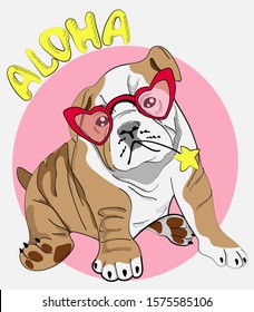 Cute bulldog puppy in red glasses. Aloha- the lettering. Postcard, poster, composition for t-shirts, print in the style of hand-drawn