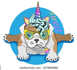 Cute bulldog puppy with unicorn horn wearing glasses. "Sweet" text lettering. Postcard, poster, composition for t-shirts and print in hand-drawn style