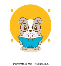 Cute bulldog reading a book with glasses cartoon character