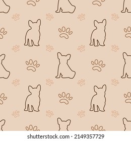 Cute bulldog seamless pattern, French pitbull dog linear background template, pet paw icons repetitive vector illustration design, repeat doodle style wallpaper.