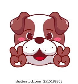 Lindo Bulldog Mostrando Ilustración vectorial de dibujos animados de signo de paz. Adorable diseño de concepto de mascota de icono de personaje animal kawaii. Fondo blanco aislado.