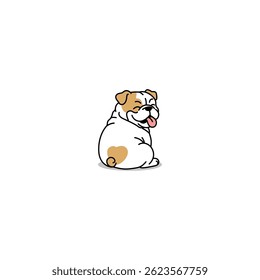 Cute bulldog sitting with its back turned and looking over its shoulder with a big happy smile and its tongue playfully sticking out, vector illustration