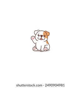 Cute bulldog sitting and waving paw cartoon, vector illustration