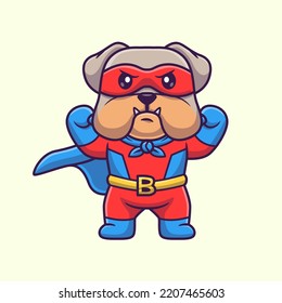 Cute Bulldog Super Hero Cartoon Vector Icon Illustration. Animal Holiday Icon Concept Isolated Premium Vector. Flat Cartoon Style