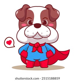 Cute Bulldog Super Hero Cartoon Vector Illustration. Adorable Kawaii Animal Character Icon Mascot Concept Design. Isolated White Background.