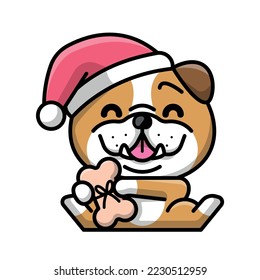 A CUTE BULLDOG IS WEARING SANTA HAT AND HOLDING A PRESENT