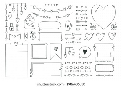 Cute bullet journal element doodles with hearts, love theme.Hand drawn banners and marks for notebook, planner or diary.Frames, borders, vignettes, dividers,notes, lists collection.Vector illustration