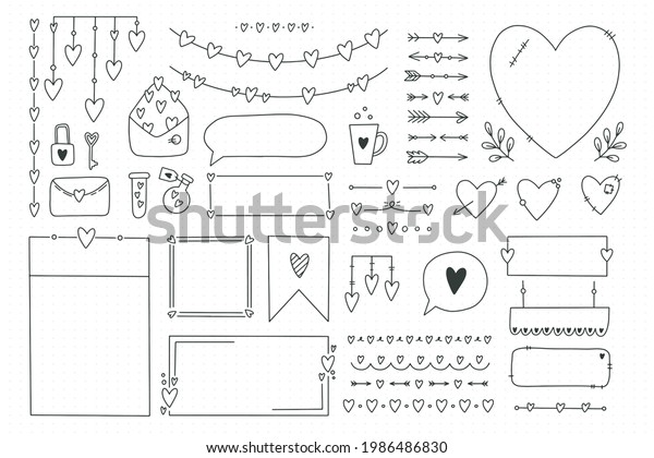 Cute bullet journal element doodles with\
hearts, love theme.Hand drawn banners and marks for notebook,\
planner or diary.Frames, borders, vignettes, dividers,notes, lists\
collection.Vector\
illustration