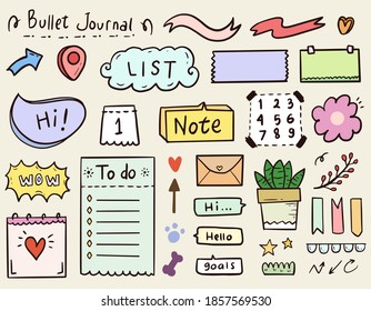 Cute bullet journal notes paper and ornament collection set in colorful style