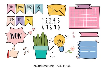 Cute bullet journal notes paper and ornament collection set in colorful style