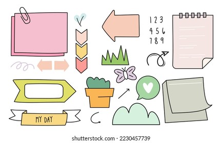 Notas de diario de viñetas recortadas papel y colección de ornamentos conjunto en estilo colorido