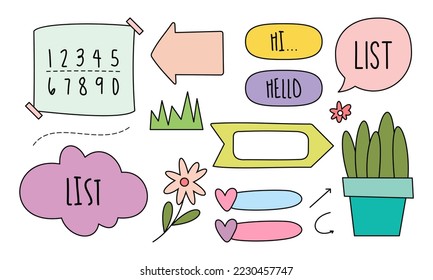 Notas de diario de viñetas recortadas papel y colección de ornamentos conjunto en estilo colorido