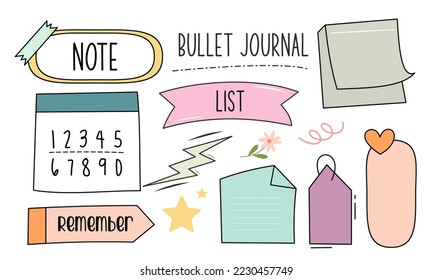 Cute bullet journal notes paper and ornament collection set in colorful style