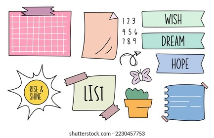 Cute bullet journal notes paper and ornament collection set in colorful style