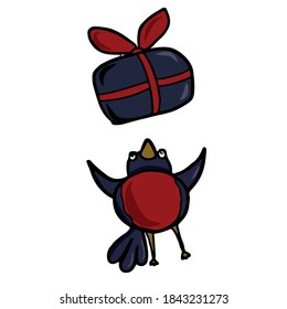 Cute bullfinch catches a gift box. Vector children's sticker design on white isolated background.