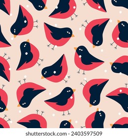 Cute bullfinch hand drawn vector illustration. Funny winter red birds in flat style Christmas seamless pattern for kids fabric or wallpaper.
