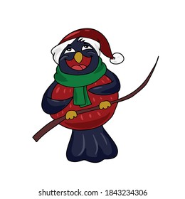Cute bullfinch in a hat and green scarf laughing. Vector children's sticker design on white isolated background.