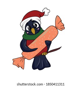 Cute bullfinch in a hat and green scarf holding a big candy. Vector children's sticker design on white isolated background.