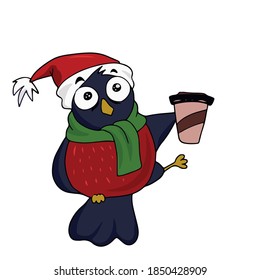 Cute bullfinch in a hat and green scarf holding a coffee mug. Vector children's sticker design on white isolated background.