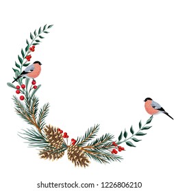 Cute Bullfinch, Pine Branch, Cones Floral Wreath Christmas Wreath. Woodland Animal Winter Illustration.