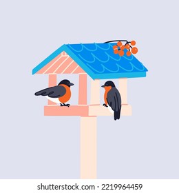 Cute bullfinches in wooden feeder and rowan berry brunch isolated vector illustration. House for birds with red belly in winter season. Cartoon naive style 