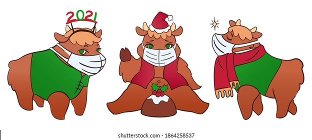 Cute bulls characters - symbol of 2021. Lunar Horoscope bulls in masks, cartoon style. Three little oxes in masks against COVID, isolated cliparts. Cute oxes wish you Happy 2021 New year