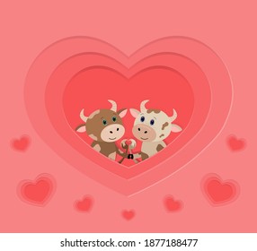 Cute bulls in love. Boy and girl bulls love each other and weave their tails in the shape of a heart. Modern Paper Cut Style Heart Shaped Pink. Vector illustration.