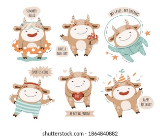 Cute bulls. Set of vector characters.