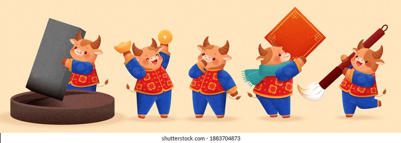 Cute bulls with traditional costume isolated on yellow background. Concept of Chinese zodiac sign ox and writing Chinese calligraphy.