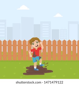 Cute Bully Boy Jumping in Dirt, Bad Behavior Vector Illustration