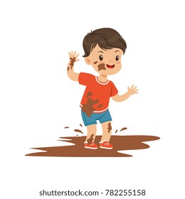 Cute bully boy jumping in a dirt, hoodlum cheerful little kid, bad child behavior vector Illustration