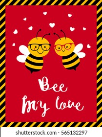 Cute bumblebee couple cartoon illustration with text Bee my love for valentine's day card design