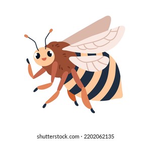 Cute bumblebee flying and greeting with hi gesture. Happy smiling insect, baby character. Funny plump fat bug with wings flies. Flat graphic vector illustration isolated on white background