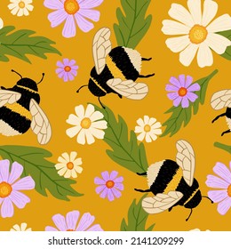 Cute bumblebee on meadow seamless pattern. Bee and flowers wallpaper. Summer background. Hand drawn blossoms design texture for printing, fabric, wrapping, fashion, interior, wallpaper, tissue.