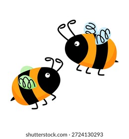 Abejorros lindos que vuelan en el fondo blanco. Divertidos personajes de dibujos animados. Ilustración brillante del insecto para el diseño de los niños, impresiones del bebé y Anuncios de la naturaleza