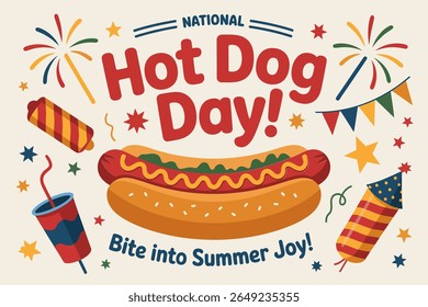 Cute bun and sausage hot dog icon with flags and streamers for national hot dog day celebration sticker