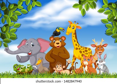 Cute bunch of animals in nature illustration