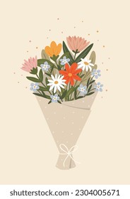 Cute Bunch Of Colorful Flowers Wrapped In Paper With Dots On Beige Background. Simple Hand Drawn Illustration. Vector Graphic Design Perfect For Greeting Card, Invitation Or Poster.