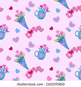 Cute bunch of flowers with heart shape and love letter seamless pattern.