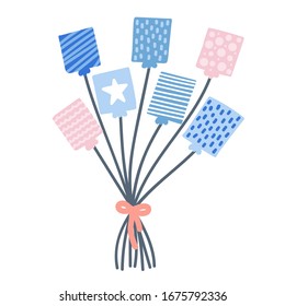Un montón de globos cuadrados dibujados a mano con arco. Rosa y azul con estrella, líneas y puntos. Ilustración vectorial.