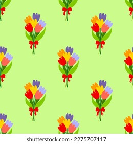 Cute bunches of tulips pattern on green background - funny vector floral drawing seamless pattern. Sketch poster or t-shirt textile graphic design. Cute illustration. wallpaper, wrapping paper. 