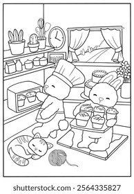 Cute bunnies baking muffins in a cozy kitchen with a sleeping cat nearby. Perfect for kids' coloring books, promoting creativity and fun.