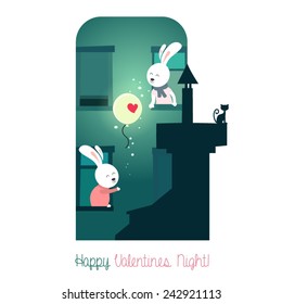 Cute bunnies with balloon. Greeting card for Valentines Day.