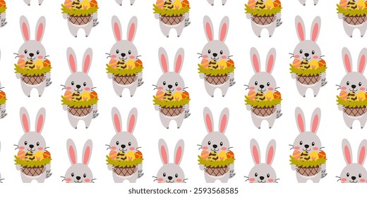 Cute bunnies with baskets of fruits in a whimsical pattern for spring or summer decoration