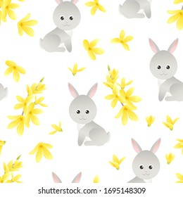 Cute bunnies and blooming Forsythia flowers on a white background. Easter seamless pattern. Vector spring illustration.