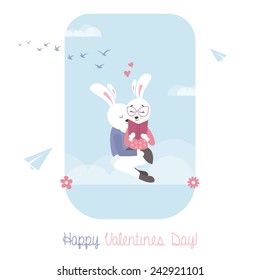 Cute bunnies with book. Greeting card for Valentines Day.