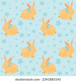 Cute bunnies with bow and stars seamless pattern. Hand drawn vector illustration. Suitable for web background, gift paper, fabric or textile.