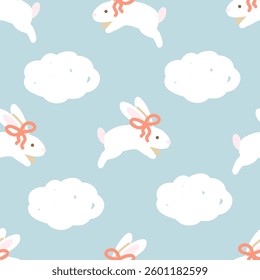 Cute Bunnies with Bows and Clouds Pattern	