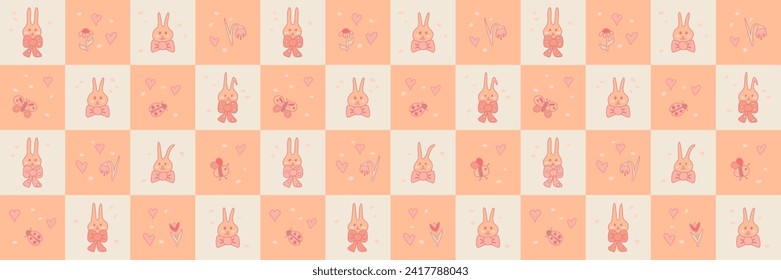 Cute bunnies with bows seamless pattern tile. Checkerboard peach and pink Easter banner
