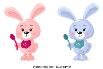 Cute bunnies boy and girl with spoons and bibs. Vector isolates of animals in cartoon flat style. Ideal for baby food.